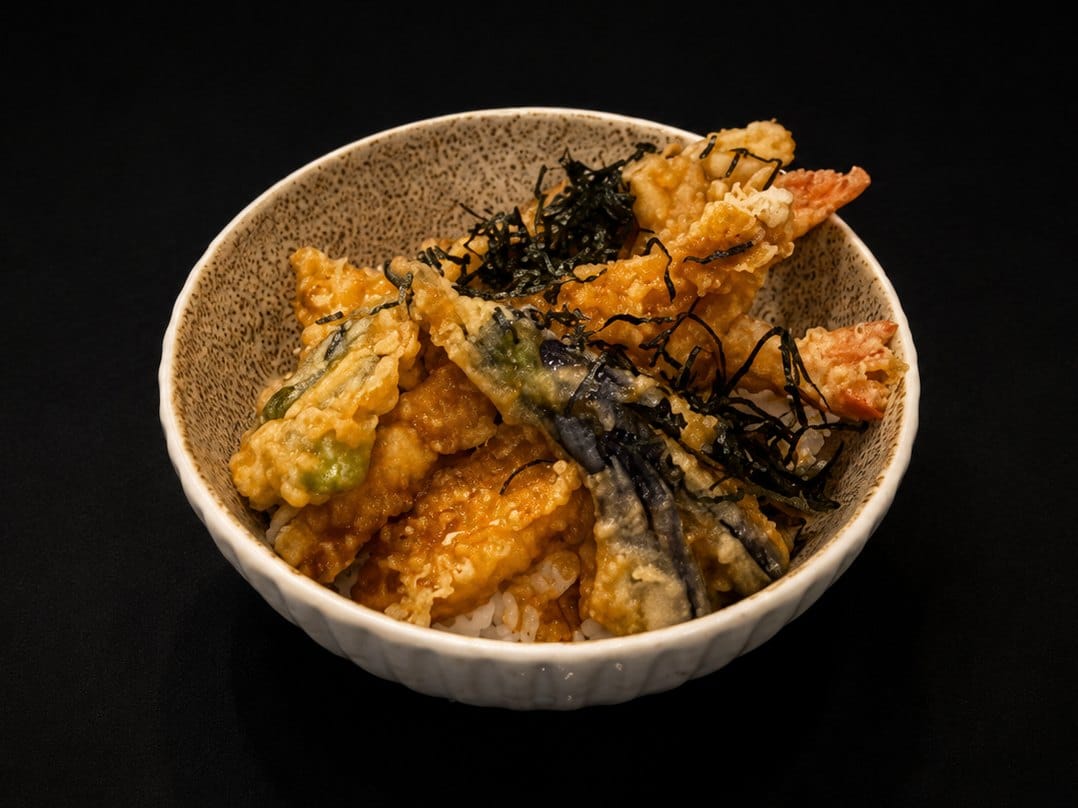 Ten don: prawn and vegetable tempura on rice with shredded nori