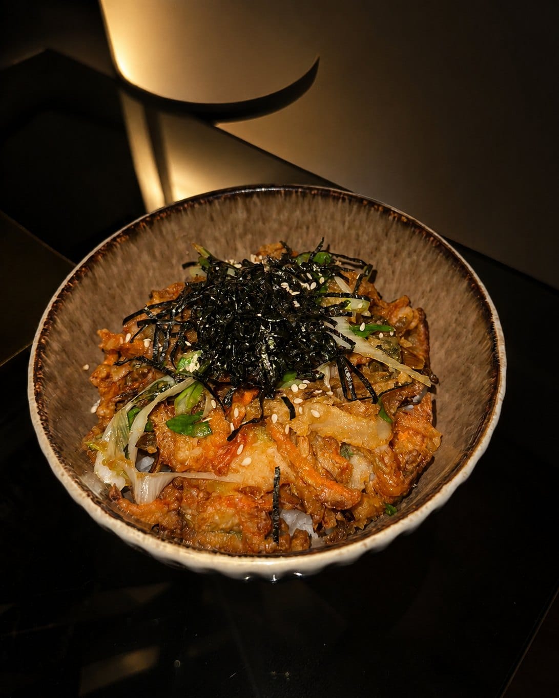Koebi kakiage don: a prawn and vegetable fritter on rice with nori