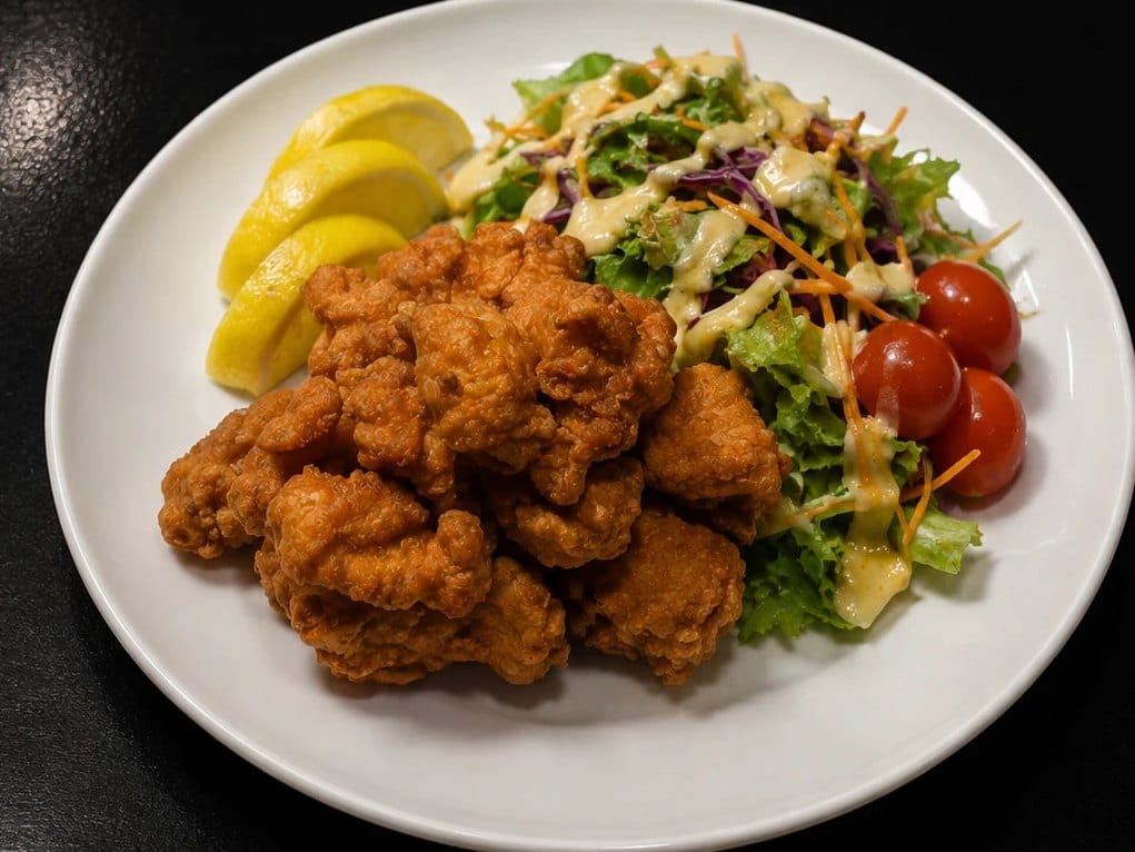 Tori karaage: Japanese fried chicken with salad, cherry tomatoes and lemon